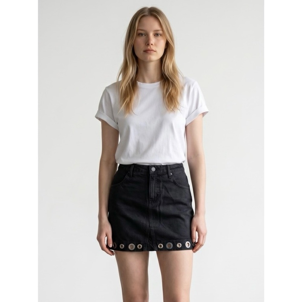 Guess Embellished Silver Cutouts Denim Jean Black Mini Skirt